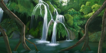 A waterfall in the small lake near the main path.